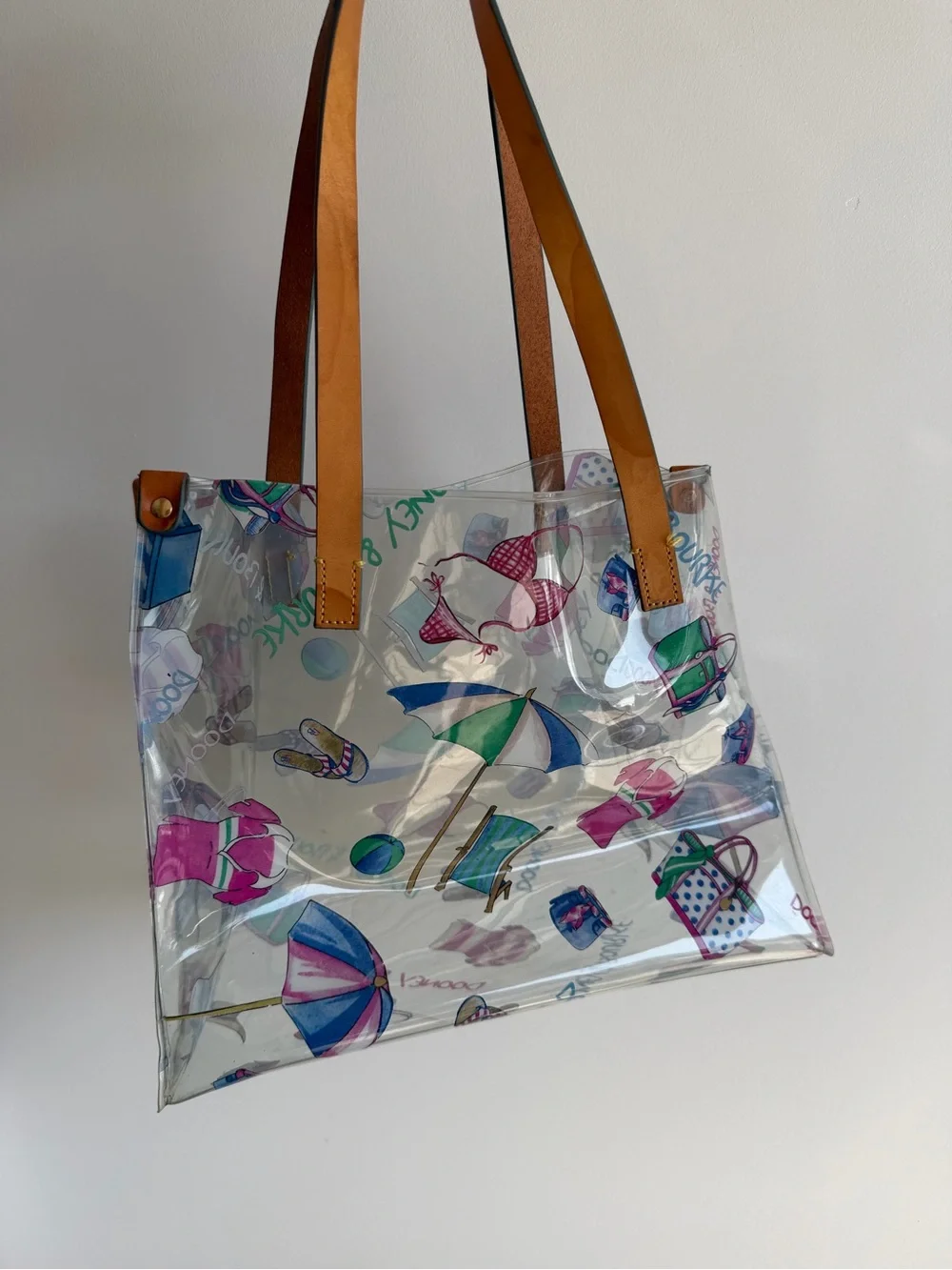 Dooney & Bourke Miami Beach Print Clear Tote w/ Leather Straps Rare Vintage Y2K
